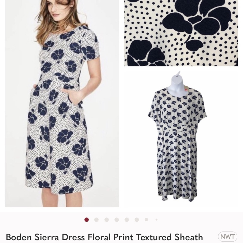 Boden Sierra Dress Floral Print Textured Sheath Floral Blue White Plus 18L NWT